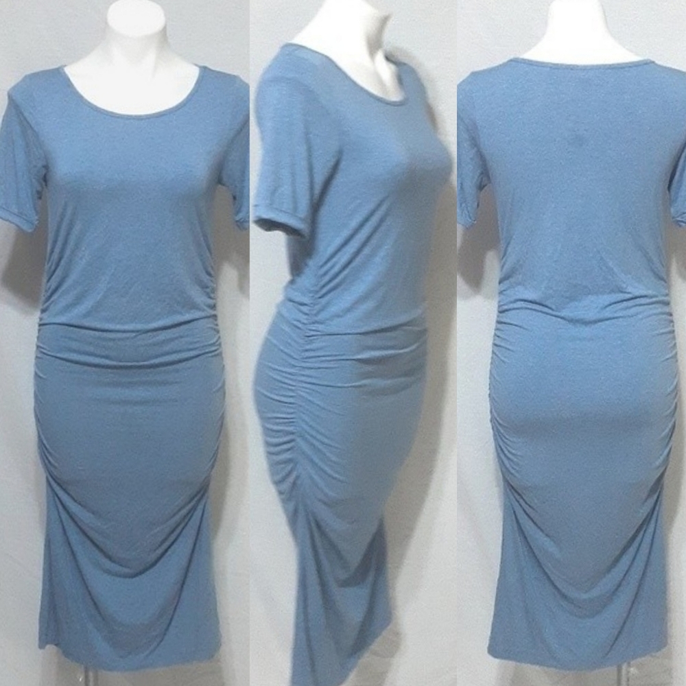 Isabella Oliver Ruched Maternity Shirt Dress Sz 3 Blue Stretch Bodycon Workwear